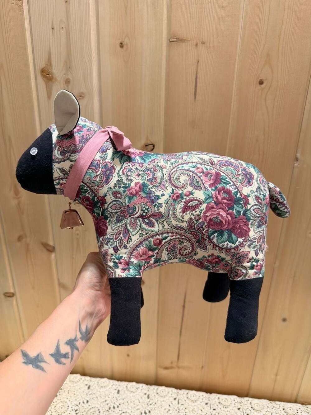 Vintage Handmade Cottagecore Floral Paisley Fabric Sheep Plush Bell & Ribbon Bow